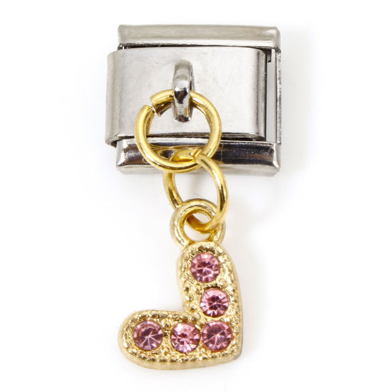 Immagine di 1 Pz Lega di Zinco & Acciaio Inossidabile Bracciale con Charm Italiano a Maglie, Creazione di Gioielli Fai-da-te Oro Placcato & Tono Argento Rettangolo Cuore Rosa Chiaro Strass 10mm x 9mm