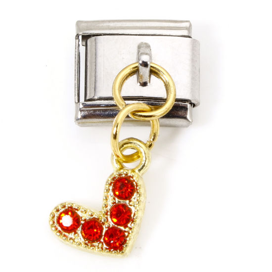 Immagine di 1 Pz Lega di Zinco & Acciaio Inossidabile Bracciale con Charm Italiano a Maglie, Creazione di Gioielli Fai-da-te Oro Placcato & Tono Argento Rettangolo Cuore Rosso Strass 10mm x 9mm