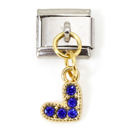 Bild von 1 Stück Zinklegierung & Edelstahl Charm-Armband mit italienischen Gliedern zur Herstellung von DIY-Schmuck Vergoldet & Silberfarbe Rechteck Herz Saphirblau Strass 10mm x 9mm