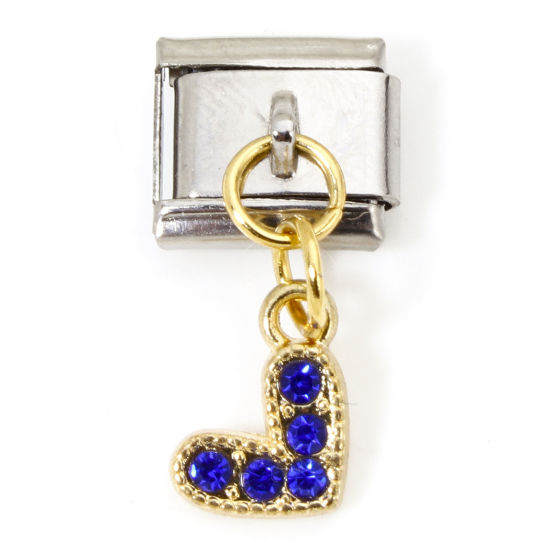 Immagine di 1 Pz Lega di Zinco & Acciaio Inossidabile Bracciale con Charm Italiano a Maglie, Creazione di Gioielli Fai-da-te Oro Placcato & Tono Argento Rettangolo Cuore Blu Marino Strass 10mm x 9mm