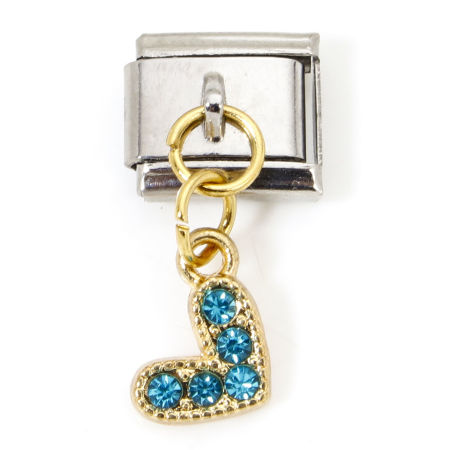 Bild von 1 Stück Zinklegierung & Edelstahl Charm-Armband mit italienischen Gliedern zur Herstellung von DIY-Schmuck Vergoldet & Silberfarbe Rechteck Herz Hellblau Strass 10mm x 9mm