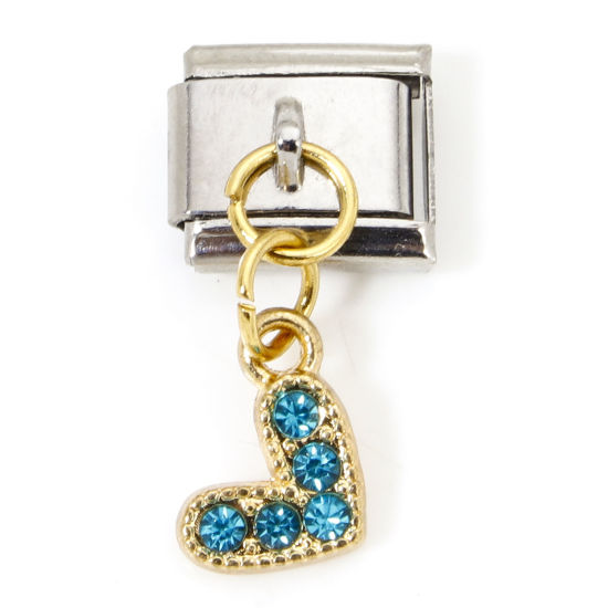 Immagine di 1 Pz Lega di Zinco & Acciaio Inossidabile Bracciale con Charm Italiano a Maglie, Creazione di Gioielli Fai-da-te Oro Placcato & Tono Argento Rettangolo Cuore Lago Blu Strass 10mm x 9mm