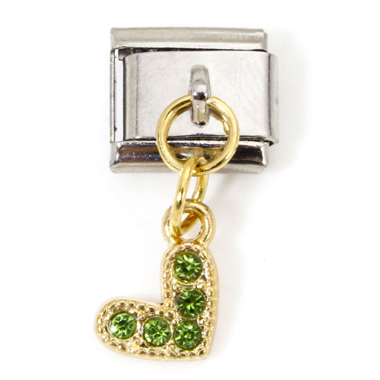 Immagine di 1 Pz Lega di Zinco & Acciaio Inossidabile Bracciale con Charm Italiano a Maglie, Creazione di Gioielli Fai-da-te Oro Placcato & Tono Argento Rettangolo Cuore Erba Verde Strass 10mm x 9mm