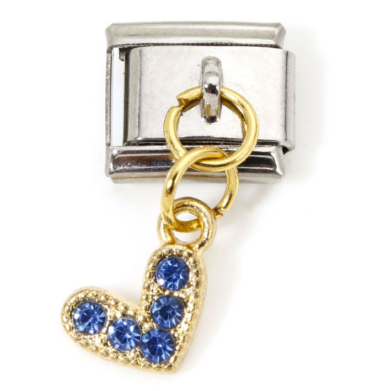 Immagine di 1 Pz Lega di Zinco & Acciaio Inossidabile Bracciale con Charm Italiano a Maglie, Creazione di Gioielli Fai-da-te Oro Placcato & Tono Argento Rettangolo Cuore Blu Strass 10mm x 9mm