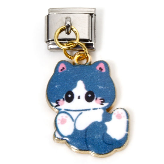 Immagine di 1 Pz Lega di Zinco & Acciaio Inossidabile Bracciale con Charm Italiano a Maglie, Creazione di Gioielli Fai-da-te Oro Placcato & Tono Argento Blu Inchiostro Rettangolo Gatto Smalto 10mm x 9mm