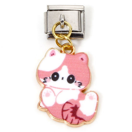 Immagine di 1 Pz Lega di Zinco & Acciaio Inossidabile Bracciale con Charm Italiano a Maglie, Creazione di Gioielli Fai-da-te Oro Placcato & Tono Argento Rosa Rettangolo Gatto Smalto 10mm x 9mm