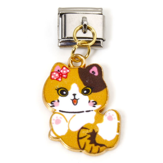 Immagine di 1 Pz Lega di Zinco & Acciaio Inossidabile Bracciale con Charm Italiano a Maglie, Creazione di Gioielli Fai-da-te Oro Placcato & Tono Argento Arancione Rettangolo Gatto Smalto 10mm x 9mm