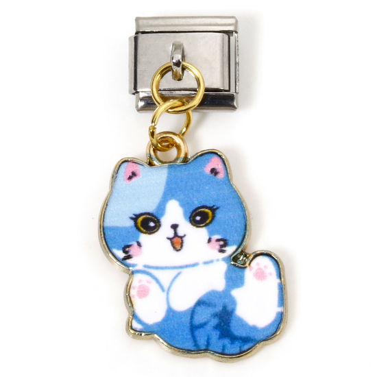Immagine di 1 Pz Lega di Zinco & Acciaio Inossidabile Bracciale con Charm Italiano a Maglie, Creazione di Gioielli Fai-da-te Oro Placcato & Tono Argento Azzurro Rettangolo Gatto Smalto 10mm x 9mm