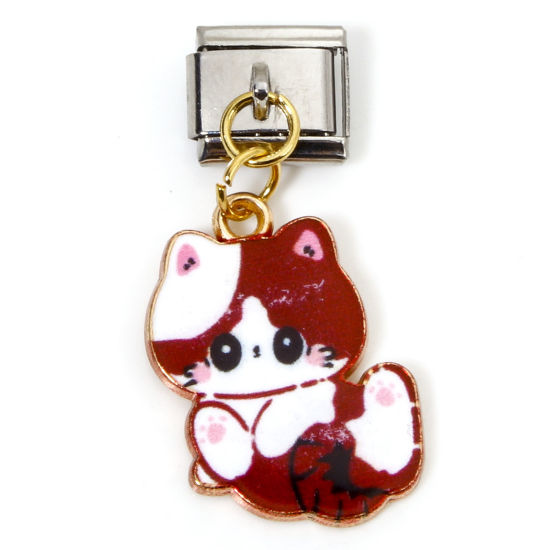 Immagine di 1 Pz Lega di Zinco & Acciaio Inossidabile Bracciale con Charm Italiano a Maglie, Creazione di Gioielli Fai-da-te Oro Placcato & Tono Argento Colore di Vino Rosso Rettangolo Gatto Smalto 10mm x 9mm