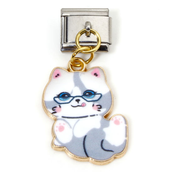 Immagine di 1 Pz Lega di Zinco & Acciaio Inossidabile Bracciale con Charm Italiano a Maglie, Creazione di Gioielli Fai-da-te Oro Placcato & Tono Argento Grigio Scuro Rettangolo Gatto Smalto 10mm x 9mm