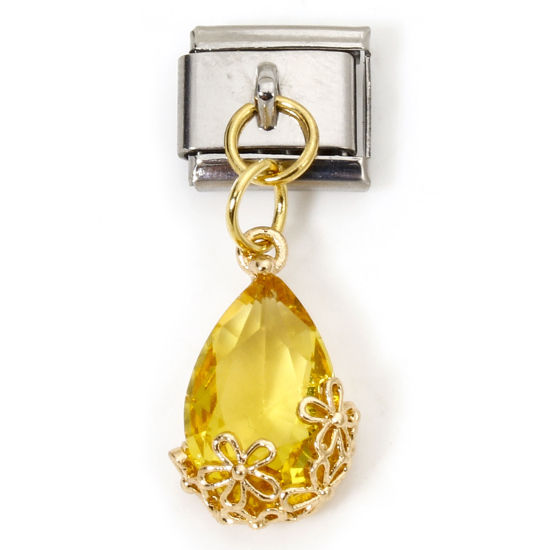 Imagen de 1 Unidad Acero Inoxidable & Latón Charm Pulsera de Eslabones Italianos para Hacer Joyas DIY Oro Plateado & Tono Plata Rectángulo Gota Amarillo Rhinestone 10mm x 9mm