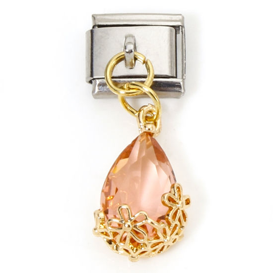 Imagen de 1 Unidad Acero Inoxidable & Latón Charm Pulsera de Eslabones Italianos para Hacer Joyas DIY Oro Plateado & Tono Plata Rectángulo Gota Rojo de agua Rhinestone 10mm x 9mm