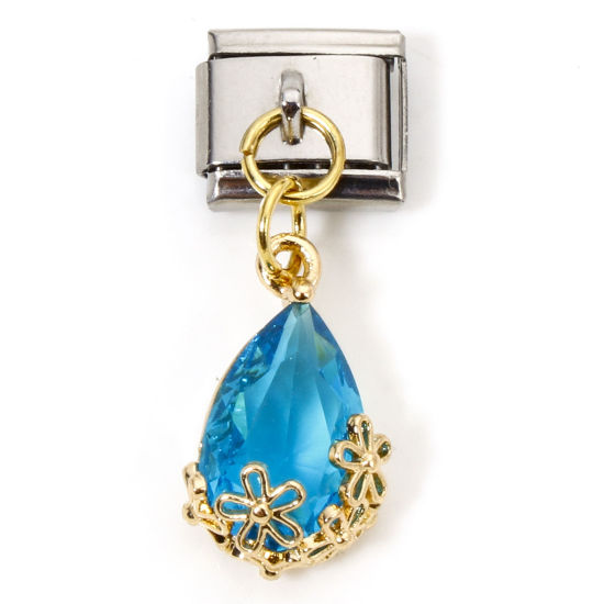 Imagen de 1 Unidad Acero Inoxidable & Latón Charm Pulsera de Eslabones Italianos para Hacer Joyas DIY Oro Plateado & Tono Plata Rectángulo Gota Azul del lago Rhinestone 10mm x 9mm
