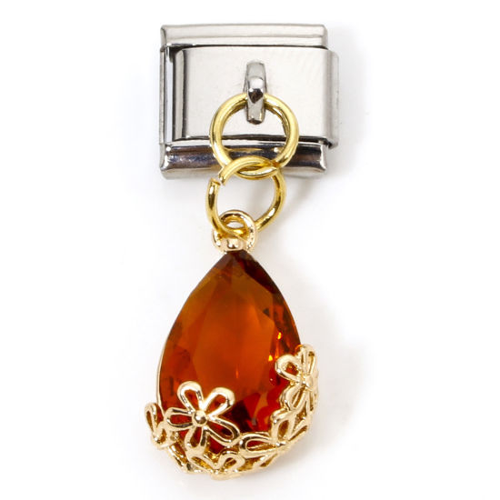 Imagen de 1 Unidad Acero Inoxidable & Latón Charm Pulsera de Eslabones Italianos para Hacer Joyas DIY Oro Plateado & Tono Plata Rectángulo Gota color Leonado Rhinestone 10mm x 9mm
