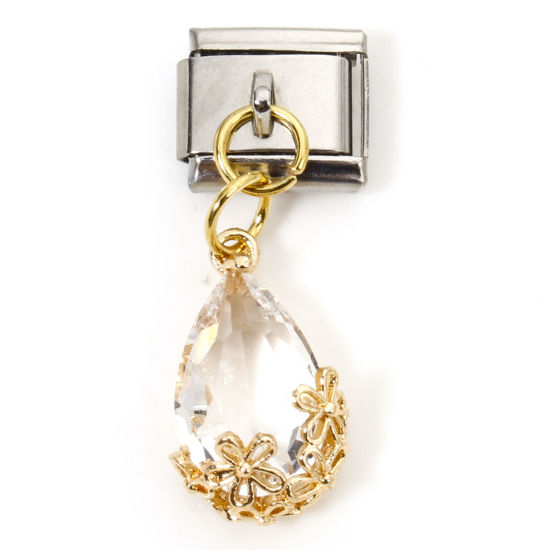 Imagen de 1 Unidad Acero Inoxidable & Latón Charm Pulsera de Eslabones Italianos para Hacer Joyas DIY Oro Plateado & Tono Plata Rectángulo Gota Transparente Rhinestone 10mm x 9mm