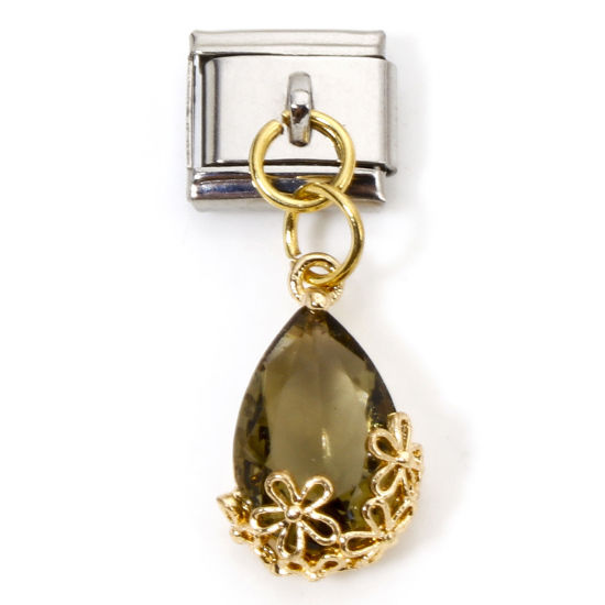 Imagen de 1 Unidad Acero Inoxidable & Latón Charm Pulsera de Eslabones Italianos para Hacer Joyas DIY Oro Plateado & Tono Plata Rectángulo Gota Gris Oscuro Rhinestone 10mm x 9mm