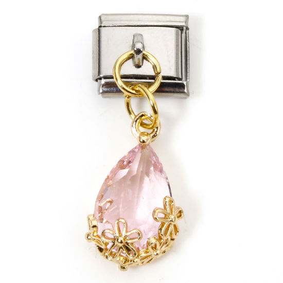 Imagen de 1 Unidad Acero Inoxidable & Latón Charm Pulsera de Eslabones Italianos para Hacer Joyas DIY Oro Plateado & Tono Plata Rectángulo Gota Rosa Rhinestone 10mm x 9mm