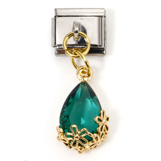 Imagen de 1 Unidad Acero Inoxidable & Latón Charm Pulsera de Eslabones Italianos para Hacer Joyas DIY Oro Plateado & Tono Plata Rectángulo Gota Verde Pavo Real Rhinestone 10mm x 9mm