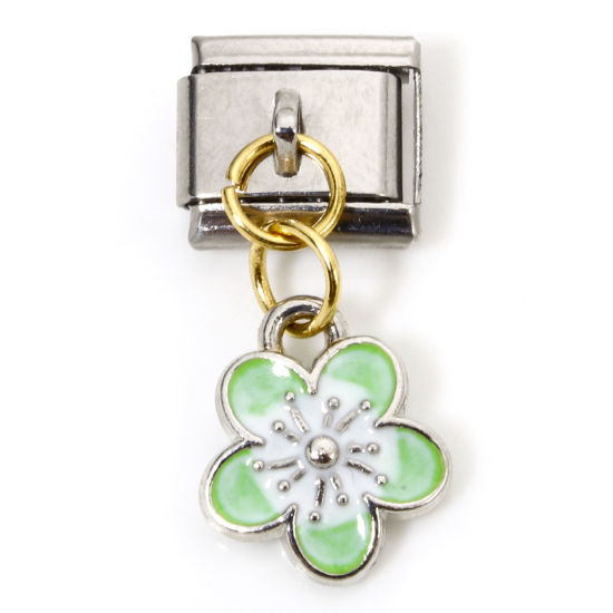 Picture of 1 Piece Zinc Based Alloy & Stainless Steel Italian Charm Links For DIY Bracelet Jewelry Making Gold Plated & Silver Tone Green Rectangle Cherry Blossom Sakura Flower Double-sided Enamel 10mm x 9mm