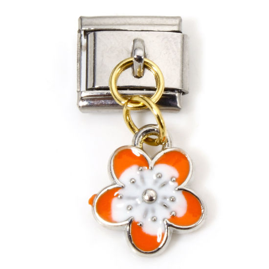 Picture of 1 Piece Zinc Based Alloy & Stainless Steel Italian Charm Links For DIY Bracelet Jewelry Making Gold Plated & Silver Tone Orange Rectangle Cherry Blossom Sakura Flower Double-sided Enamel 10mm x 9mm