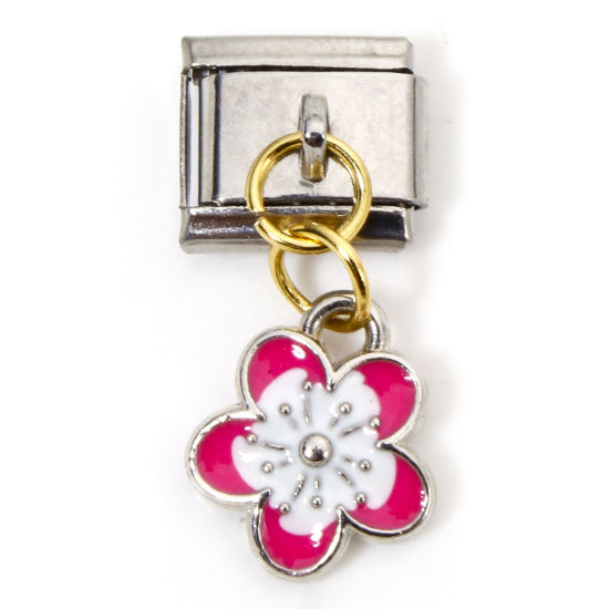 Picture of 1 Piece Zinc Based Alloy & Stainless Steel Italian Charm Links For DIY Bracelet Jewelry Making Gold Plated & Silver Tone Fuchsia Rectangle Cherry Blossom Sakura Flower Double-sided Enamel 10mm x 9mm