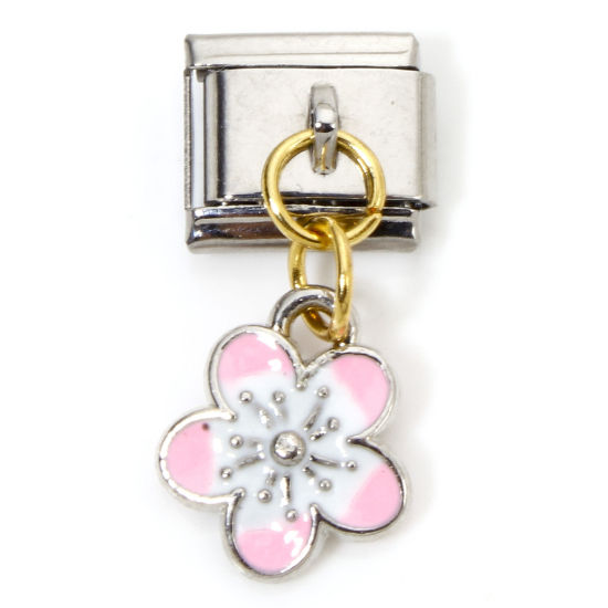 Picture of 1 Piece Zinc Based Alloy & Stainless Steel Italian Charm Links For DIY Bracelet Jewelry Making Gold Plated & Silver Tone Pink Rectangle Cherry Blossom Sakura Flower Double-sided Enamel 10mm x 9mm