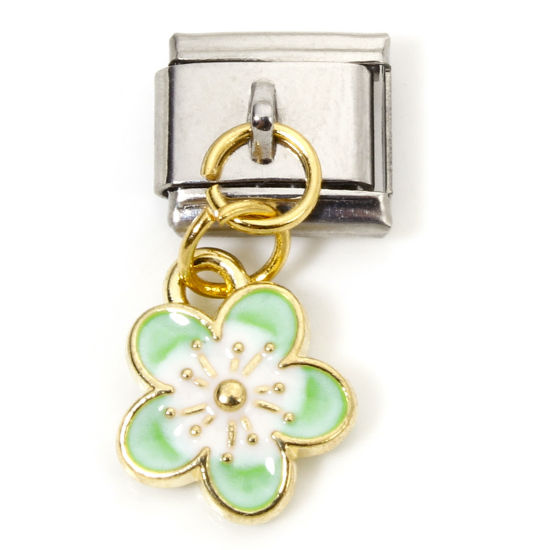 Picture of 1 Piece Zinc Based Alloy & Stainless Steel Italian Charm Links For DIY Bracelet Jewelry Making Gold Plated & Silver Tone Green Rectangle Cherry Blossom Sakura Flower Double-sided Enamel 10mm x 9mm