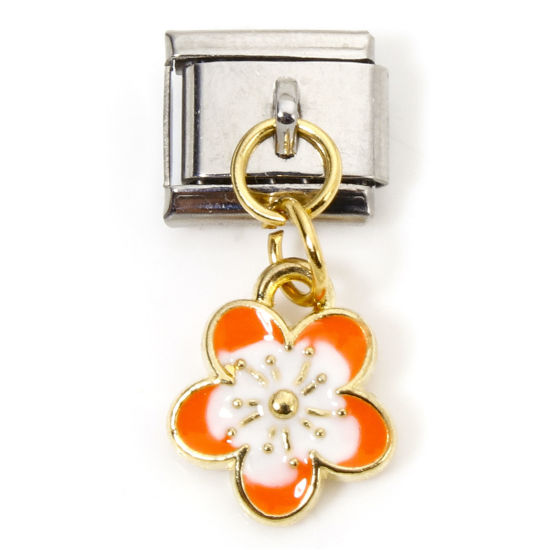 Picture of 1 Piece Zinc Based Alloy & Stainless Steel Italian Charm Links For DIY Bracelet Jewelry Making Gold Plated & Silver Tone Orange Rectangle Cherry Blossom Sakura Flower Double-sided Enamel 10mm x 9mm