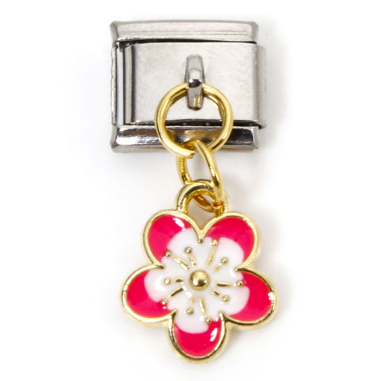 Picture of 1 Piece Zinc Based Alloy & Stainless Steel Italian Charm Links For DIY Bracelet Jewelry Making Gold Plated & Silver Tone Fuchsia Rectangle Cherry Blossom Sakura Flower Double-sided Enamel 10mm x 9mm