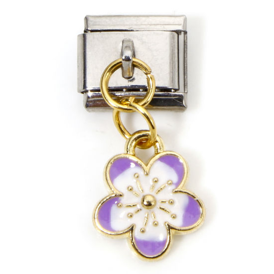 Picture of 1 Piece Zinc Based Alloy & Stainless Steel Italian Charm Links For DIY Bracelet Jewelry Making Gold Plated & Silver Tone Purple Rectangle Cherry Blossom Sakura Flower Double-sided Enamel 10mm x 9mm