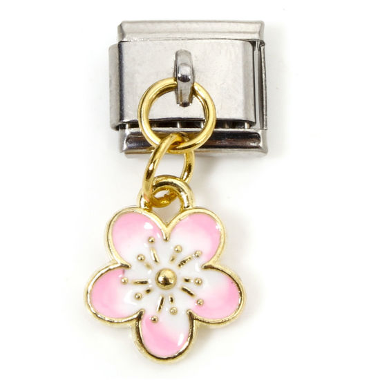 Picture of 1 Piece Zinc Based Alloy & Stainless Steel Italian Charm Links For DIY Bracelet Jewelry Making Gold Plated & Silver Tone Pink Rectangle Cherry Blossom Sakura Flower Double-sided Enamel 10mm x 9mm