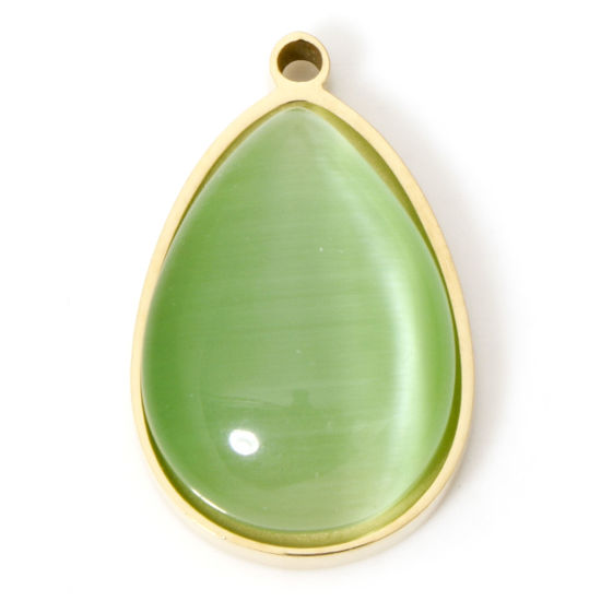 Изображение 1 ШТ Экологически чистое вакуумное покрытие Нержавеющая сталь 304 и Кошачий глаз Камень Богемный стиль Подвески водяная капля Позолоченный Зеленый 22мм x 14мм