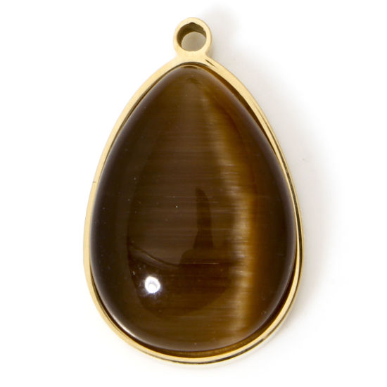 Изображение 1 ШТ Экологически чистое вакуумное покрытие Нержавеющая сталь 304 и Кошачий глаз Камень Богемный стиль Подвески водяная капля Позолоченный Кофейный 22мм x 14мм