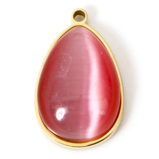 Изображение 1 ШТ Экологически чистое вакуумное покрытие Нержавеющая сталь 304 и Кошачий глаз Камень Богемный стиль Подвески водяная капля Позолоченный Розовый 22мм x 14мм