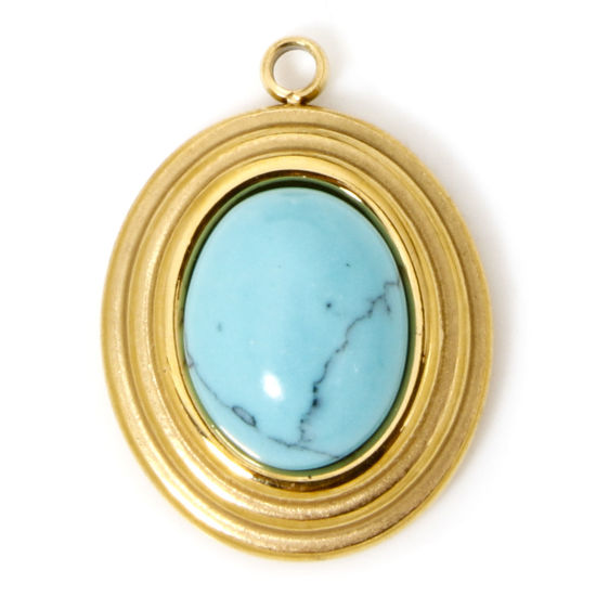 Изображение 1 ШТ Экологически чистое вакуумное покрытие 304 Нержавеющая Сталь & Камень Богемный стиль Подвески Овальные Позолоченный Синий 18.5мм x 14мм