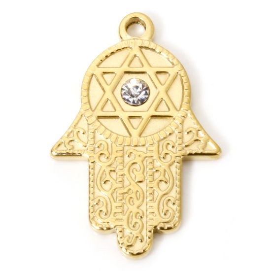 Imagen de 1 Unidad Enchapado al Vacío Ecológico 304 Acero Inoxidable Religión Colgantes Palma Chapado en Oro Tallado Transparente Rhinestone 28.5mm x 19mm