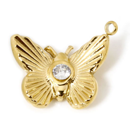 Immagine di 1 Pz Placcatura Sottovuoto Ecologica 304 Acciaio Inossidabile Stile Ins Ciondoli Farfalla Oro Placcato Trasparente Cubic Zirconiae 18mm x 12.5mm