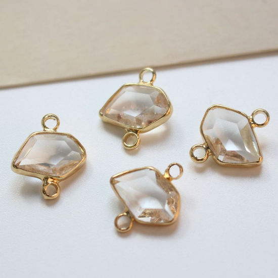 Picture of 2 PCs Brass & Glass Connectors Charms Pendants Gold Plated Transparent Clear Irregular 15mm x 12mm