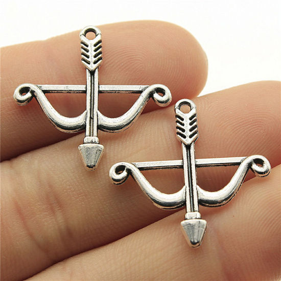 Picture of 20 PCs Zinc Based Alloy Charms Antique Silver Color Bow And Arrow Arrowhead Hollow 26mm x 25mm