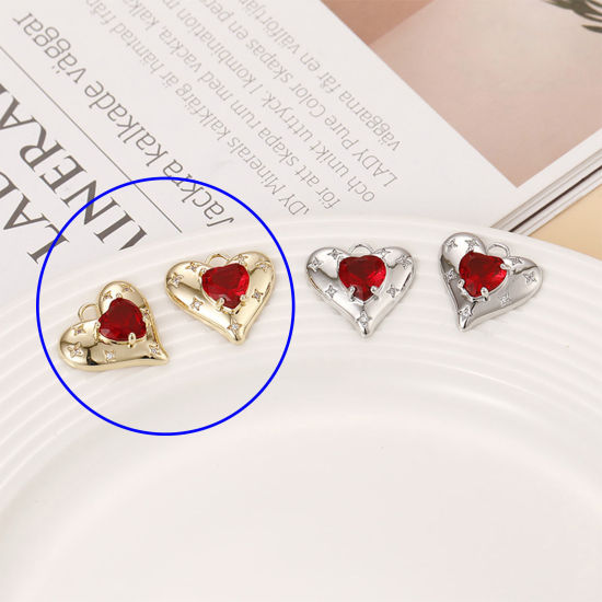 Picture of 1 Piece Brass Valentine's Day Charms 18K Gold Plated Heart Star Red Cubic Zirconia 19mm x 17mm