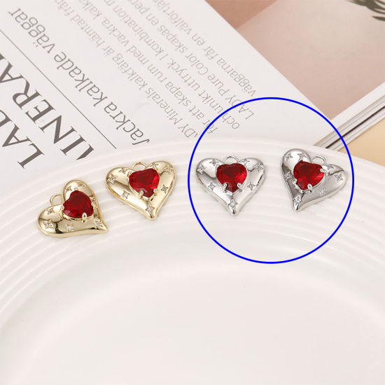 Picture of 1 Piece Brass Valentine's Day Charms Platinum Plated Heart Star Red Cubic Zirconia 19mm x 17mm