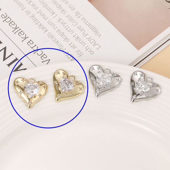 Picture of 1 Piece Brass Valentine's Day Charms 18K Gold Plated Heart Star Clear Cubic Zirconia 19mm x 17mm