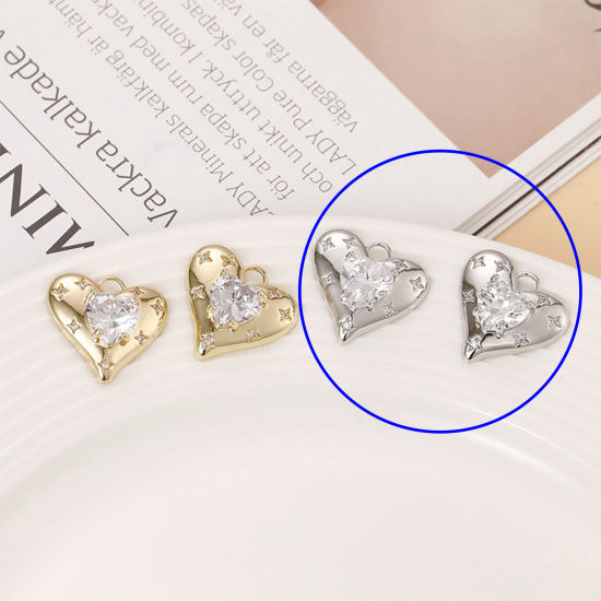 Picture of 1 Piece Brass Valentine's Day Charms Platinum Plated Heart Star Clear Cubic Zirconia 19mm x 17mm