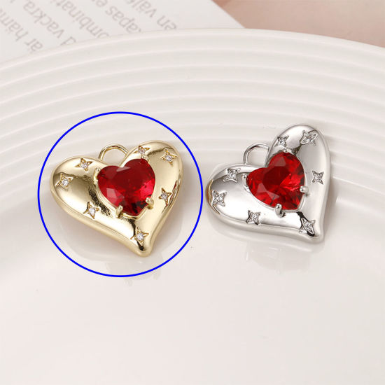 Picture of 1 Piece Brass Valentine's Day Charms 18K Gold Plated Heart Star Red Cubic Zirconia 23mm x 21mm