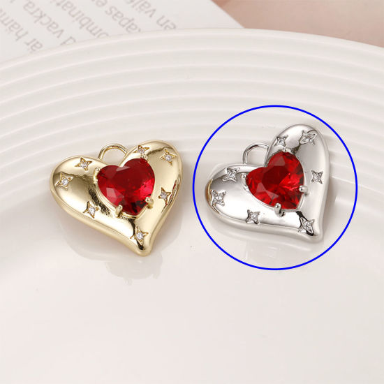 Picture of 1 Piece Brass Valentine's Day Charms Platinum Plated Heart Star Red Cubic Zirconia 23mm x 21mm