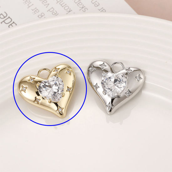 Picture of 1 Piece Brass Valentine's Day Charms 18K Gold Plated Heart Star Clear Cubic Zirconia 23mm x 21mm