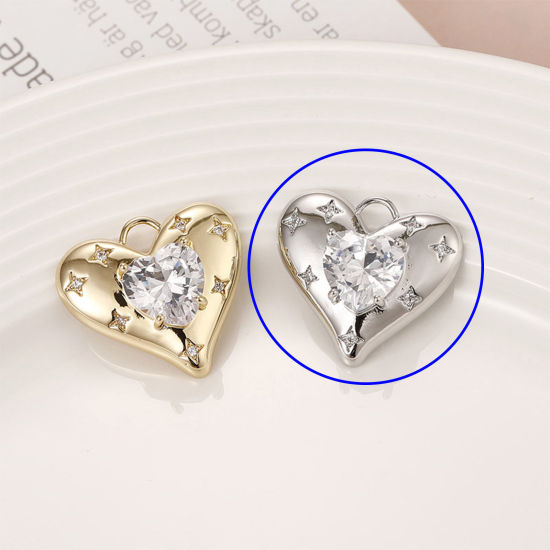 Picture of 1 Piece Brass Valentine's Day Charms Platinum Plated Heart Star Clear Cubic Zirconia 23mm x 21mm