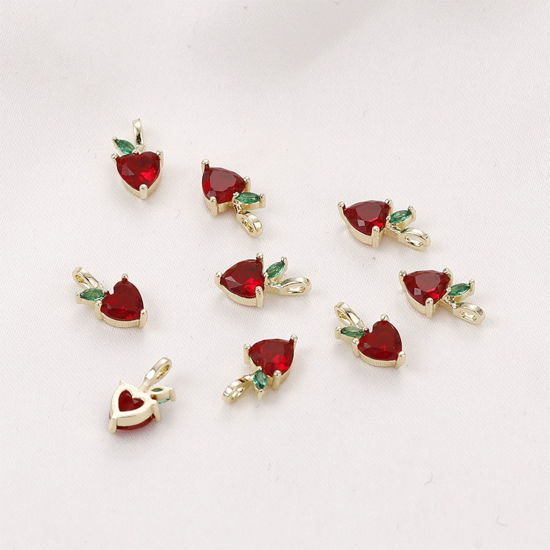 Bild von 2 Stück Messing Charms 14K Gold Plattiert Obst Apfel Rot Zirkonia 11.5mm x 5.5mm