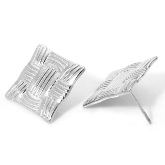 Immagine di 1 Paio 304 Acciaio Inossidabile Orecchini a Perno Tono Argento Quadrato Con Tappi 24mm x 24mm, Posta / Filo Dimensione: (21 misura)