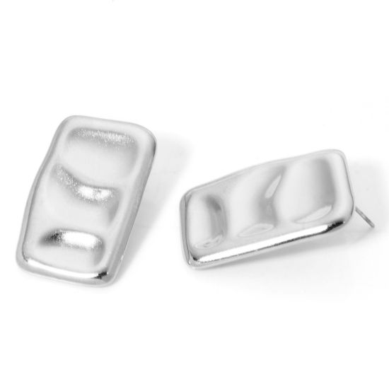 Picture of 1 Pair 304 Stainless Steel Ear Post Stud Earrings Silver Tone Rectangle With Stoppers 30mm x 19mm, Post/ Wire Size: (21 gauge)